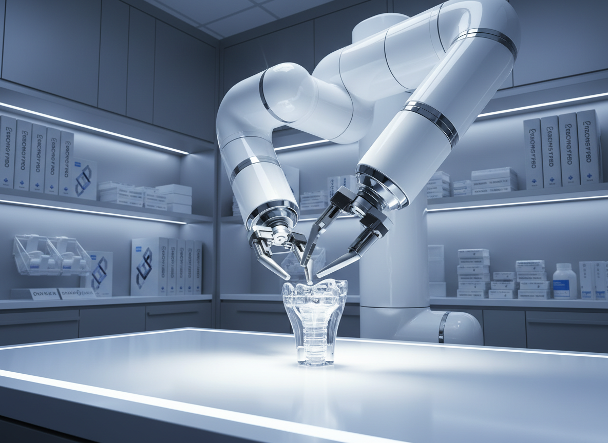 An advanced robotic surgical arm with a smooth white ceramic finish and chrome accents poised delicately above a simulated artificial knee implant on a pristine surgical station. Surrounding the equipment is a backdrop of gently lit, monochromatic medical shelving containing technical manuals and carefully labeled sterile supplies. Cool, even studio lighting illuminates the mechanized joints, casting crisp, organized shadows that emphasize the precision and innovation in orthopedic technology. Captured from a low-angle, close-focus perspective, the image conveys high-tech sophistication and cutting-edge expertise. The structured, minimalist composition and neutral tones align perfectly with a corporate, professional healthcare brand.