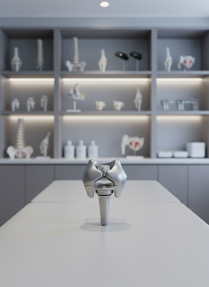 An impeccably clean and modern prosthetic hip joint rendered in surgical-grade brushed titanium and medical polymer, resting on a sleek, neutral-toned examination table. The background features a softly blurred clinical setting with balanced geometric shelves carrying neatly arranged orthopedic models and medical equipment. Cool, diffused overhead lighting highlights the contours and craftsmanship of the implant, creating gentle shadows that enhance its precision and sophistication. Captured from a slightly elevated, centered angle, the image exudes a sense of confidence, cutting-edge professionalism, and reassurance—matching a high-end orthopaedic practice’s corporate aesthetic. The overall atmosphere feels calm, organized, and meticulously structured, suitable for representing expert medical care.