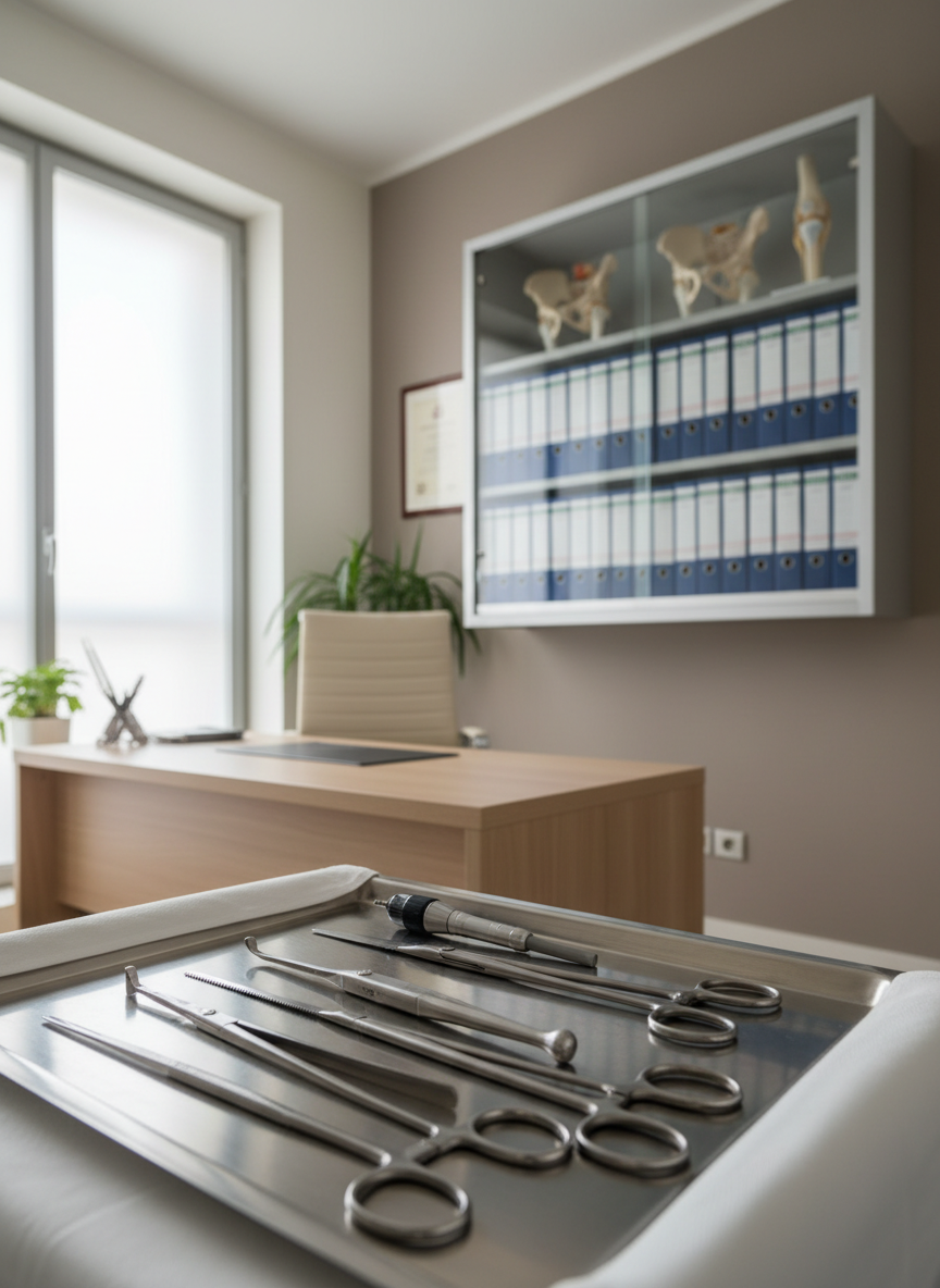 A meticulously organized orthopedic consultation suite showcasing a pristine, structured layout. In the foreground, a stainless steel tray holds an assortment of gleaming, high-quality surgical instruments positioned on a crisp, pale medical drape. The setting is anchored by a calm, neutral wall with a frosted glass cabinet filled with neatly stacked medical files and anatomical models of hip and knee joints. Soft, natural light flows in from a frosted window, producing subtle highlights and muted reflections on the metal surfaces. The composition uses rule of thirds, with a shallow depth of field blurring background details. The overall mood is one of trust, clinical excellence, and quiet professionalism, echoing the patient-centered focus of a top orthopaedic surgery practice.