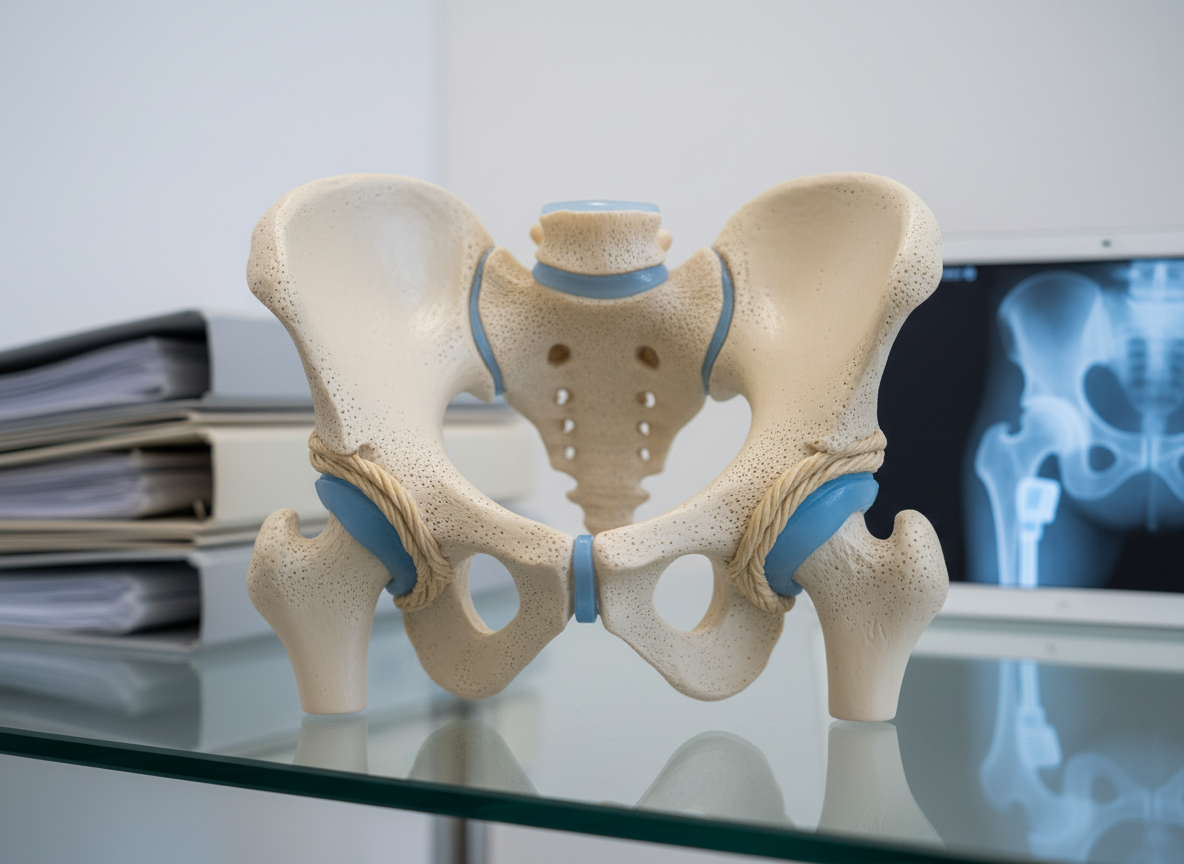 A close-up of a highly detailed, anatomical hip joint model made from matte-finish bone-colored resin, intricately showing ligaments and cartilage in contrasting textures. The model is placed atop a glass-topped consultation desk, framed by neatly stacked, neutral-colored folders and a tablet displaying digital X-ray images in the background, softly out of focus. Subtle, balanced artificial lighting brings out the fine details and textures, while maintaining a cool, clinical ambiance. The centered composition with moderate depth of field creates a professional, educational mood, perfect for an orthopedic surgeon’s patient-focused site—emphasizing expertise and clarity in medical communication.