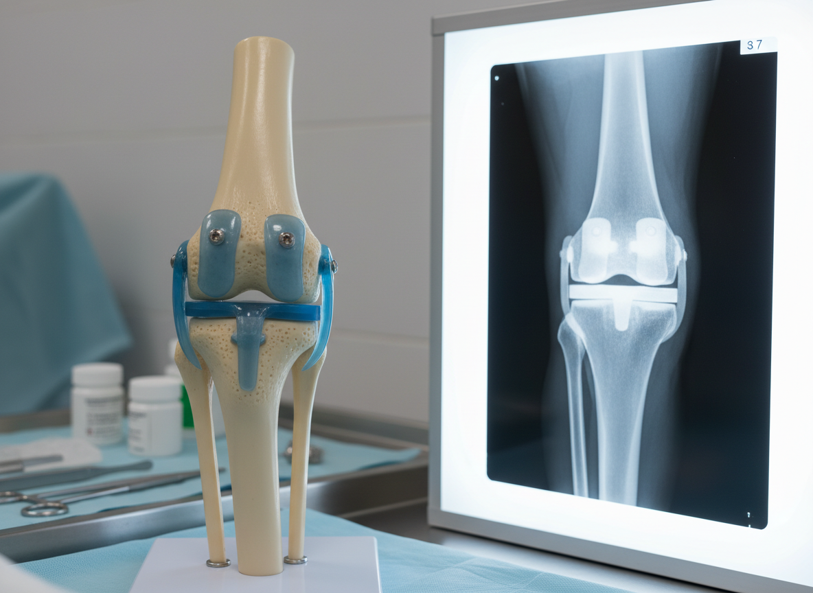model of knee replacement with knee x-ray by the side, realistic and clinical, clear detail, no people